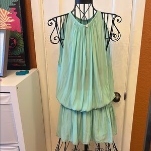 Ramy Brook - Light Green Satin Smocked Drop Waist Dress-Size Small